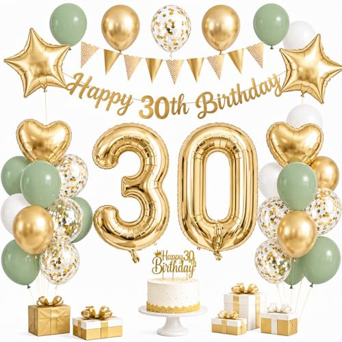 30th Birthday Decorations - Green and Gold Party Decorations for Women and Men with 30th Birthday Banner, Cake Topper, 40 Inch Gold Number Balloons, and Green, Gold, White, Confetti Birthday Balloons