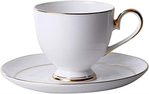 Kaffeetassen, Espressotassen aus weißem Porzellan, mit Untertassen und Löffeln, 5,1 Unzen/150 ml, mit Goldrand, Espresso-Kaffeetassen-Set für Kaffeespezialitäten, Latte, Café, Mokka und Tee für