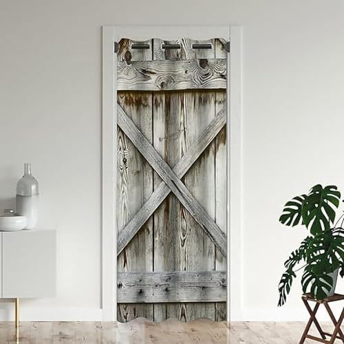 ZZTBQ Rustikale Türvorhang Scheunentor Aus Holz Türvorhang für Tür Privatsphäre Vintage Nostalgische Holztüren Verdunkelungsvorhang Braun Beige Vorhang Schlafzimmer, Schrank, Türdekoration 132x203cm