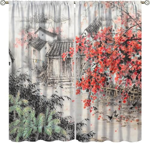 Pencil Pleat Blackout Curtains Retro Architectural Landscape 140X160 Cm (W + H) Indoor Blackout Curtain, 3D Thermo-Insulating Window Curtains Polyester Material Bedroom Drapes Blackout Curt-634345338