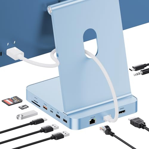 PULWTOP 11-i-1 USB C-hubb för iMac 24 tum 2021 2023 2024 USB-hubb dockningsstation stöder M.2 SSD, iMac M1 M3 M4-tillbehör, 4K HDMI, 2,5G Ethernet, USB A/C 3.2 10 Gbps, USB A/C 2.0, SD/TF - Blå | PULWTOP iMac hub i aluminium med HDMI 4K@60Hz, 2.5G Ethernet, 5 USB A/C 10 Gbps, SD/TF, Audio, iMac M4 Dock för M1/M3/M4, blå