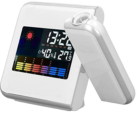 TANIQIACA Weather Station Clock with Temperature Humidity LCD Display, LED Backlight, Snooze Function, and Red Projection Alarm Clock for Bedrooms, Living Rooms, Offices (White Without Wiring)