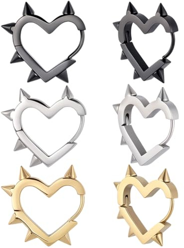 Beebeecraft 3 par hjärta nit örhängen 304 rostfritt stål huggie ring spikörhängen punk gotisk för kvinnor män gåva