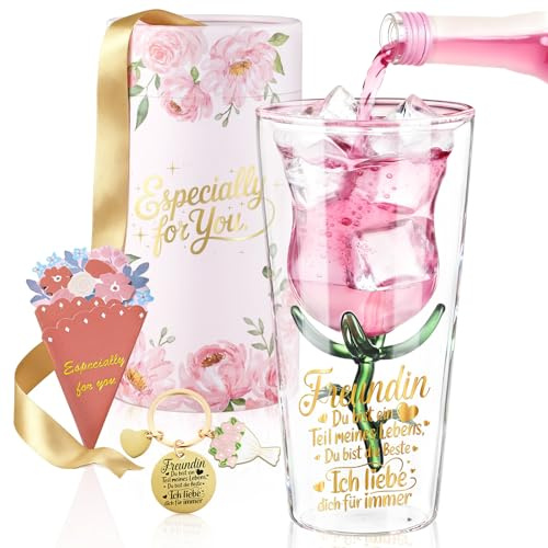 glastal Geschenke für Freundin Weinglas mit Schlüsselanhänger Grußkarte | Borosilikatglas, 200ml Doppelwandige Gläser, Geschenke für Beste Freundin Frauen zum Geburtstag Weihnachten