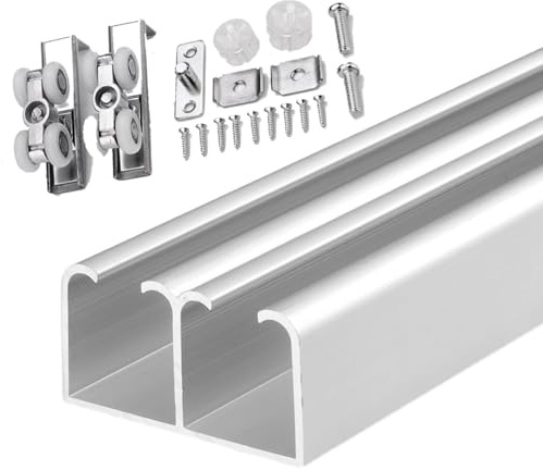 Aluminum Sliding Door Track System - Concealed Double Door Wardrobe Track for Cupboard & Greenhouse 100cm Silver with Mounting Kit Perfect for Smooth Operation