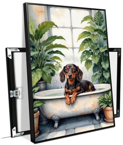 Naughty dachshund playing in the bathtub canvas painting with lively and cute expression wooden lattice window background green plants embellishment suitable for home space wall decoration art