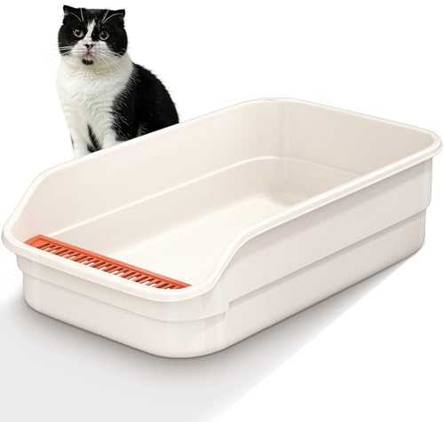 Vealind Large Cat Litter Tray High Sided and Low Entry Cat Litter Box 60 x 40 x 16 CM Easy Access Leak Proof Anti Splash Kitten Litter Trays (Beige)