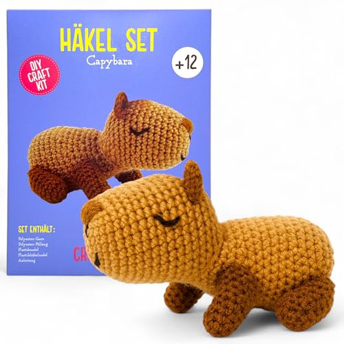 MIJOMA Häkelset Tiere für Anfänger & Fortgeschrittene – DIY Amigurumi Häkel Kit mit Anleitung, Wolle, Nadeln & Zubehör – Häkelpaket Kinder & Erwachsene (Capybara (14x12x8cm))