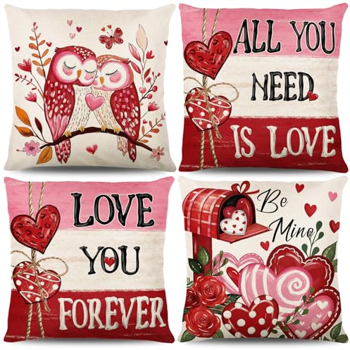 Bigqin Dekorativ Kissenbezug, 4 Stück Love Rot&Rosa Kissenbezug Sofakissen, Valentinstag Pillow Cover, Leinen Kissenhülle Deko für Schlafzimmer Sofa - 45 x 45 cm