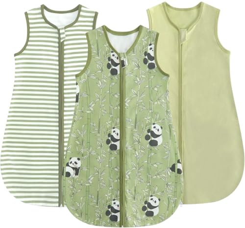JiAmy Baby Sleep Sack 0.5 TOG Wearable Blanket, 3 Pack Cotton Sleeping Bag with 2-Way Zipper, Green Panda, 0-6 Months