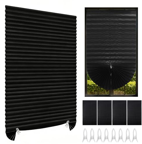 4Pack No Drill Temporary Blinds Stick on, Easy Fit Self Adhesive Blinds, 150H x 60W cm Pleated Non-Woven Fabric Crop According to Size, Blackout Blind for Bedroom Kitchen Bathroom Windows (Black)