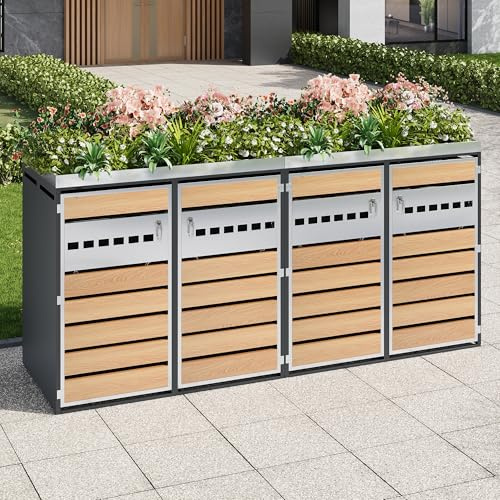 Merax Mülltonnenbox 4 Türen mit integriertem Blumentrog & Pflanzfläche, abschließbare Mülltonnenverkleidung für 4 Tonnen, verzinkter Stahl, rostfrei & wetterfest, Grau