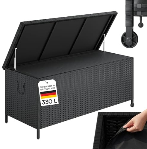 STEELSØN Serion Gartenbox 140 cm breit, mit Rollen, Schwarz, wetterfest | Outdoor Auflagenbox 140x62x61 cm mit Griffen, Aufbewahrungsbox mit klappbarem Deckel, Gartenkiste Stahlgestell, Kissenbox
