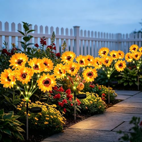 Solar Sunflower Lights Outdoor Garden, 24 Waterproof LED Sunflower Lamp 2 Modes, Artificial Flower Pathway Lights for Lawn Patio Porch Flowerbed Cemetery Decoration, Solar Powered Yard Decor (4pc)