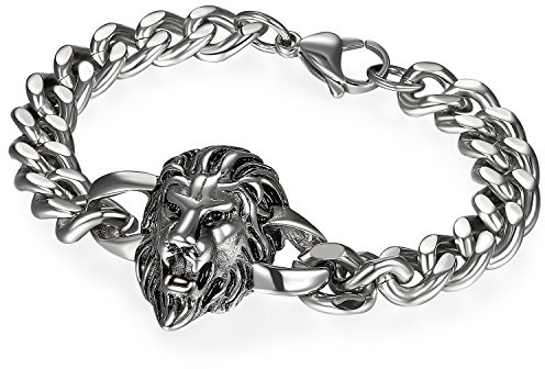 Flongo Herren Löwe Armband Edelstahl: schwarz silber gold Wikinger Schmuck Charms Cuban Kette mit Löwenkopf Lion Head Löwen Armkette retro biker Geschenk für Männer Damen breit Weihnachten