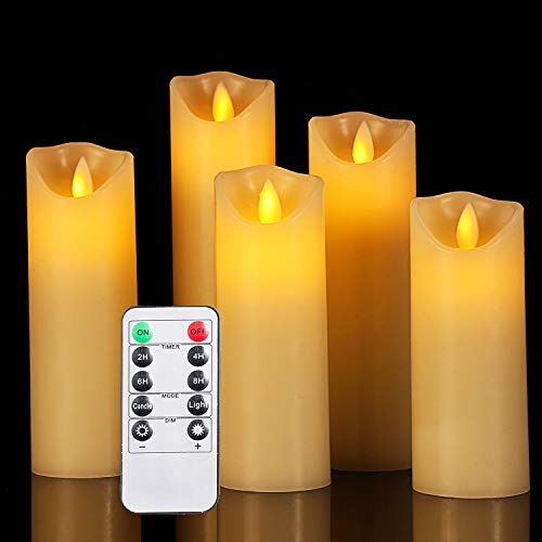 OSHINE LED Kerzen led kerzen flackernde flamm:Φ 5.5CM x H 12CM 15CM 17CM 20CM 22CM Set von 5 echten Wachs-Säule Nicht Kunststoff mit 10-Tasten Fernbedienung Timer 300+ Stunden