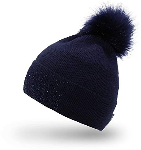 AnJuHoPa Warme Strickmütze mit Kristallverzierung - Elegantes Winter Mütze für Damen in Dunkelmarine