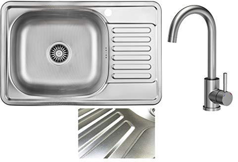 VBChome Einbauspüle 66x42 cm rechts aus Edelstahl Leinenstruktur mit Abtropffläche Spüle eckig für Küche Camping mit Armatur Ablaufgarnitur Siphon Wasserhahn Inox
