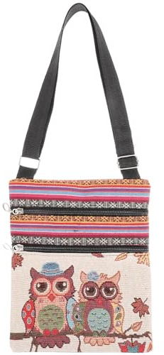 Leinen-Tasche mit Reißverschluss, Eulen-, Bohemian-Stil, Umhängetasche für Damen, Einkaufstasche (21 x 1 x 23.5CM)