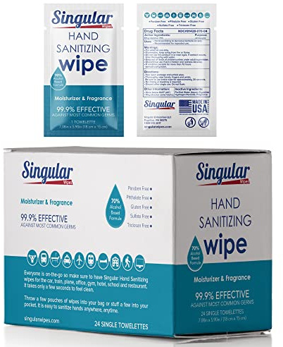 Hand Sanitizing Wipes Travel Size by Singular Wipes – 24ct Individually Wrapped | Fresh Citrus Scent, Moisturizing, 70% Alcohol Wipes | Travel, Office, School, Home | Made in USA