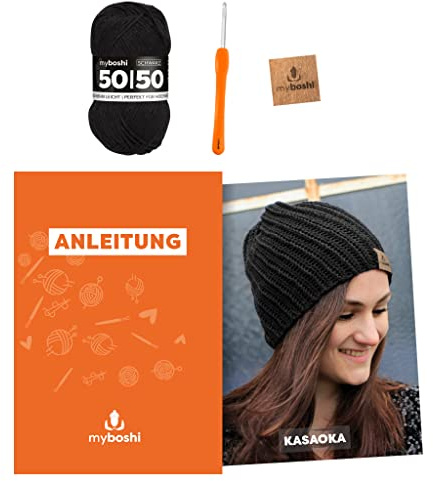 myboshi Häkelset Mütze Kasaoka, inkl 50/50 Wolle, Nadel und Anleitung, Häkelpaket, 50% Baumwolle, 50% Merinowolle Schwarz, mit Häkelnadel