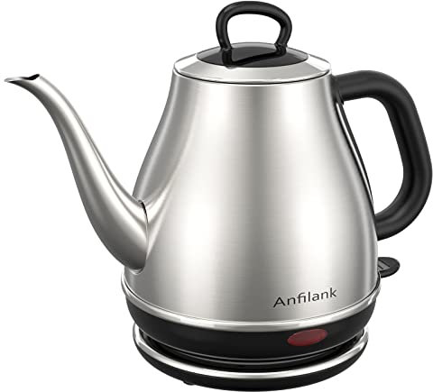 Anfilank - Hervidor eléctrico de cuello de cisne de 1 litro de 1500 W, hervidor de agua 100 % de acero inoxidable sin BPA para verter café y té, caldera de agua con cierre automático y protección