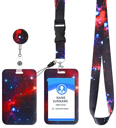 cobee Ausweishalter mit Umhängeband, einziehbarer Sternenhimmel Ausweishalter mit Rollen mit abnehmbarem Umhängeband modischer Umhängeband Name Kreditkarten Ausweisschutz (Sternenhimmel Rot)