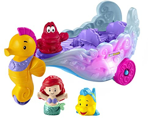Fisher-Price Little People-lekset med Disneyprinsessan Ariel, Blunder och vagn med musik och ljus, HMX83 | Upplyst musikfordon, inkluderar Ariel & Flounder-figurer för låtsaslek, småbarnsleksak för barn i åldrarna 18+ månader