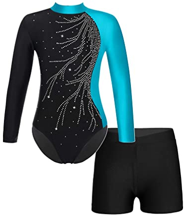 MSemis Gymnastikanzug Kinder Mädchen Langarm Turnanzug Trikotanzug Gymnastikbody MIT Shorts Training Tanzbekleidung Dancewear See Blau 146-152