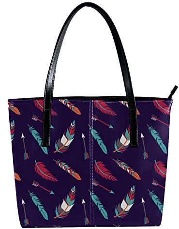 Schultertasche, leicht, lässig, Schultasche, Lehrertasche, Handtasche, Geldbörse, bunte Boho-Federn, Pfeil dunkel, Mehrfarbig