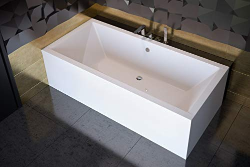 ECOLAM Badewanne Wanne Rechteck Quadro Design Acryl weiß 165x75 cm + Schürze Ablaufgarnitur Ab- und Überlauf Automatik Füße Silikon Komplett-Set, Rechteckbadewanne für zwei