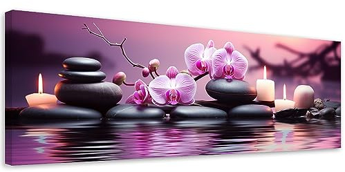 Feeby Wandbilder Zen Spa Orchidee 120x40 cm 1 tlg Schlafzimmer Modern Vlies Leinwandbilder Bild auf Leinwand Kunstdruck Wand Wanddeko Design Wohnzimmer Büro Flur Hotel Spa Steine Kerzen Violett