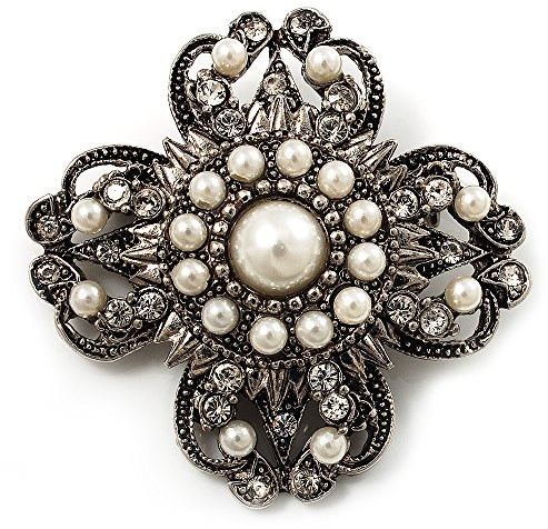 Spilla vintage a forma di croce con perle finte in filigrana (argento antico)