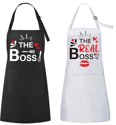 ROSEMO 2pcs Mr. & Mrs Küchen Schürze The Boss und The Real Boss Lustige Paare Küchenschürze mit Tasche Verstellbar Kochschürze Grillschürzen Geschenk für Hochzeit Verlobung Valentinstag Weihnachten