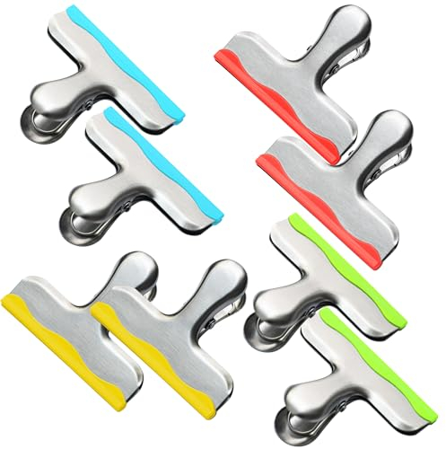 YARALL Metall-Clips mit Silikonkanten, robuste Beutelklammern für Lebensmittelverpackungen, Küche, Büro, farbkodiert, luftdichte, extra starke Klemmen, 7,6 cm breit, 8 Stück
