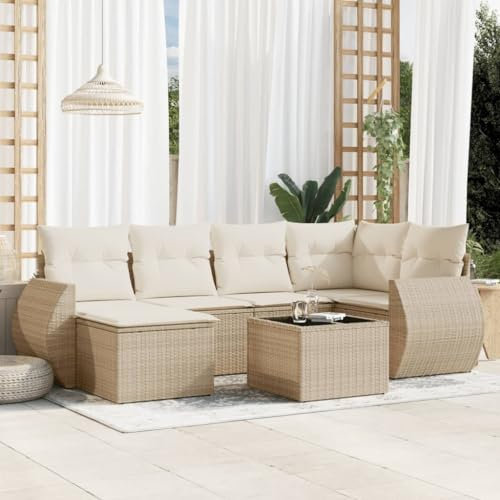 Rantry 7-TLG. Gartenmöbel Set mit Kissen Gartensofa Balkonmöbel Gartenlounge Loungesofa mit Gartentisch Rattansofa Ecksofa Ecklounge Sitzgruppe Loungemöbel Beige Poly Rattan #12