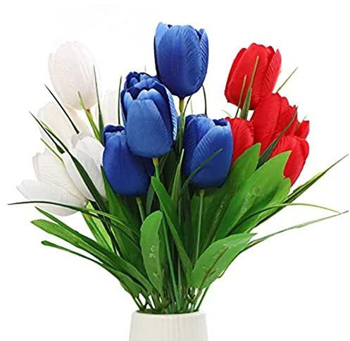 OnIUeZky 3 Bouquets Artificial Tulips Flowers Bouquets for Independence Day Decor Fake Tulips Red White Blue Flower for Home Garden Vase Arrangements