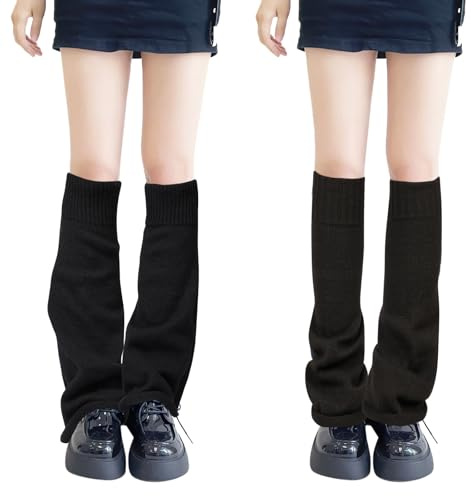 QKURT 2 Paires de Jambières Longues, Jambières Thermiques d'hiver Tricotées Punk Genou Haut bas Bottes Manchette plus Chaudes pour Femmes, Filles