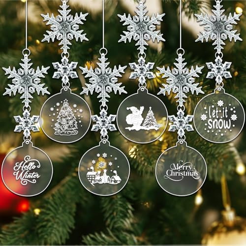 DKINY 36Pcs Tree Decoration Acrylic Ornaments, Clear Bauble Disc and Crystal Snowflake Pendants, Xmas Winter Hanging Set for Christmas Party Indoor Outdoor