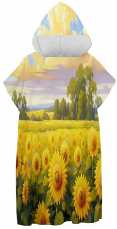 CDXNORA Strandtuch Poncho - Surf Poncho Damen Herren, Mikrofaser Handtuch Poncho Erwachsene Blühende Sonnenblumenpflanzen Drucken Badetücher Badeponcho Schnelltrocknend Bademantel75X110Cm