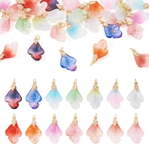 Craftdady 28 Stück handgefertigte Lampwork-Anhänger in Blattform, Großpackung mit Farbverlauf, Blütenblatt-Anhänger mit Eispickel, offene Binderinge für Schmuckherstellung, DIY-Ohrringe,
