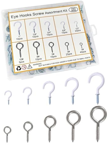 Screw Ceiling Hooks and Screw Eyes Kit - Assortment Kit 160Pcs Each 5 Size Carbon Steel Cup Hooks Screw in Hook Eye Bolts for Wood Screws for Hanging Indoor and Outdoor