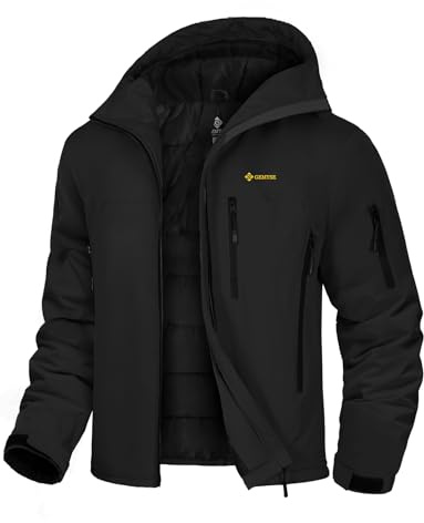 GEMYSE Veste de Ski Homme Chaude Imperméable Coupe-Vent Manteau avec Capuche Idéale pour la Montagne et la Randonnée en Hiver(Noir,XL)