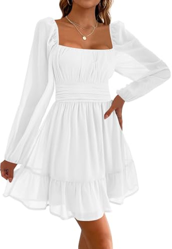 Imily Bela Vestidos de mujer con cuello cuadrado, vestido de fiesta de malla, mini vestido de cintura alta con pliegues, manga larga, vestido de invitada de boda con volantes, blanco, S