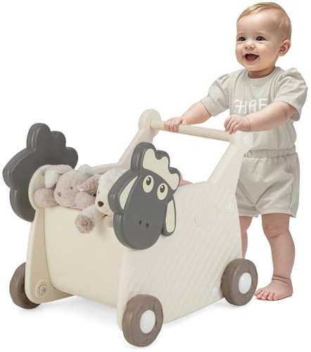 COSTWAY 2 en 1 Chariot de Marche en HDPE avec Forme Mouton & Grand Panier de 18L, Trotteur Bébé Montessori avec Poignée Lisse & 4 Roues, Marcheur D'Apprentissage Bébé pour 3 Ans+