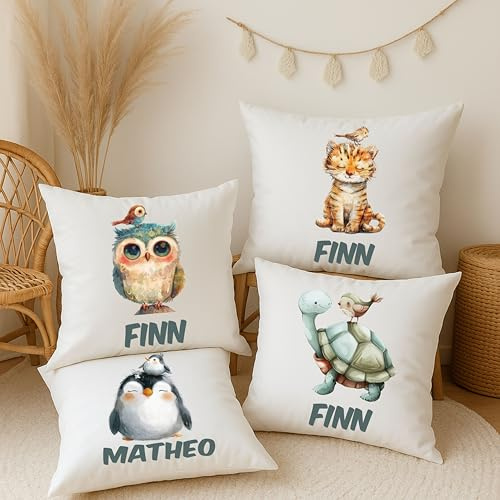 wolga-kreativ personalisiertes Kuschelkissen Kinder mit Füllung – Tier-Motive mit Namen – Panda, Tiger&Schildkröte – Geschenk für Jungen und Mädchen – Flauschiges Babykissen