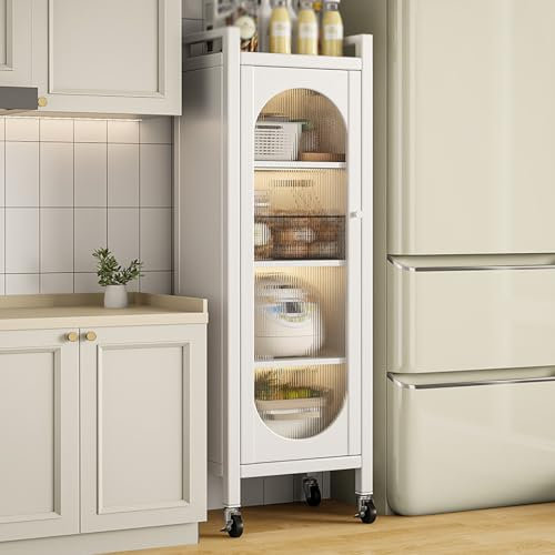 Metallschrank mit 5 Etagen, mit Türen auf Rollen, vielseitiger Nizer für Küche, Bad und Esszimmer, Weiß, 30 x 42 x 128 cm