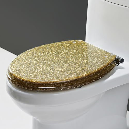 Dazzluxe Glitzernder Ovaler Toilettensitz, 16,5-Zoll-Toilettensitzbezug Mit Verstellbarem Scharnier, Schnellverschluss Für Einfache Reinigung, Toilettendeckel Mit Langsamem Schließen,Gold