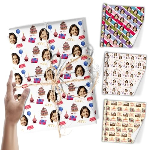 Personalisiertes Geschenkpapier Geburtstag, Personalisierte Geschenk Rollen Papier mit Foto Text, 74 x 51 cm Personalisierte Geschenkpapier Rolle für Geburtstag, Muttertag, Vatertag