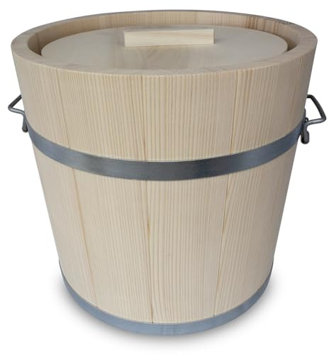 KERAZO Gäreimer mit Deckel – naturbelassenes Gärfass mit Metallumreifung und Haltegriffen – Sauerkrautfass aus Holz für Fermentation von Gemüse, Kimchi, Gurken – Holz Gärtopf aus Weißtanne (15 Liter)